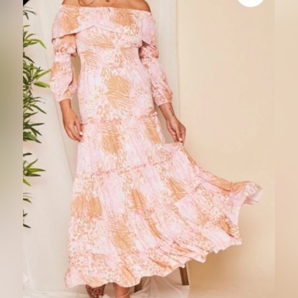 Peach Love Pink Beige Animal Print Tiered Smocked Maxi Dress Long Sleeve Sz S